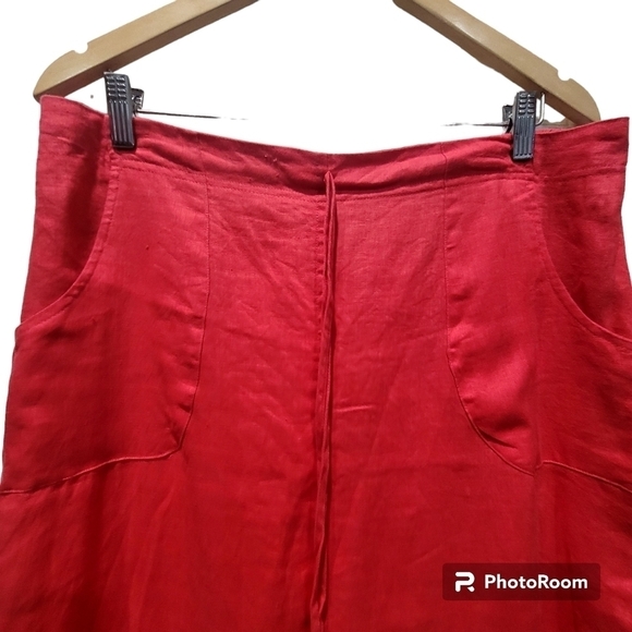 Large 100% Linen Red Maxi Skirt Tie String Stretchy Waist Pockets - Picture 3 of 6